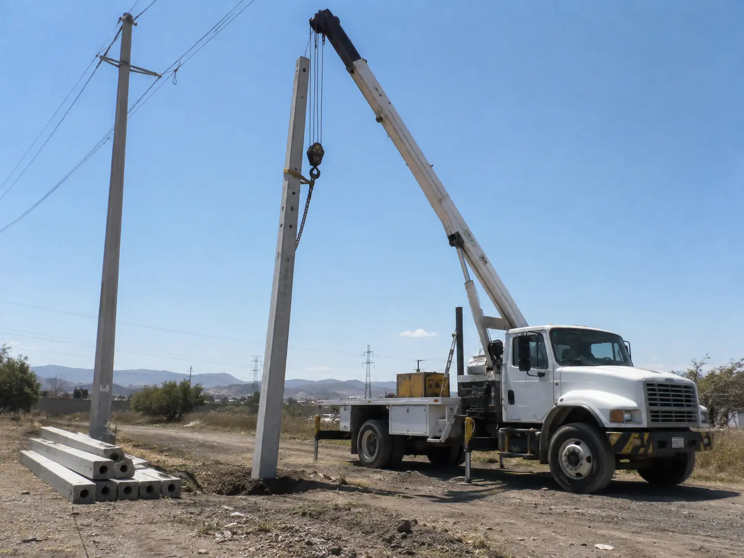 Colocación de poste de concreto con grúa